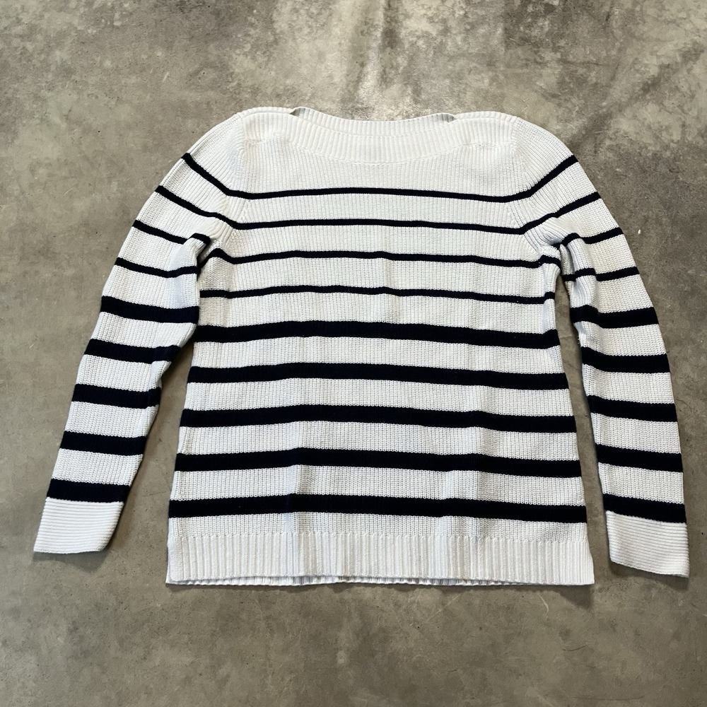 Talbots Sweater Womens Sz XLP Boatneck Striped Nautical Navy White Puff Sleeve